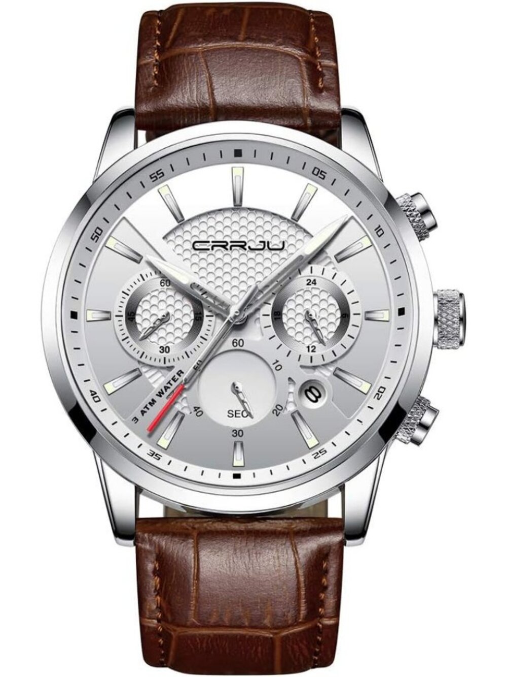 Mens Silver Brown Leather Strap Casual Chronograph Quartz Waterproof Wrist Watch